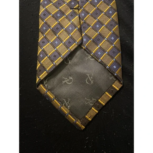 Valerio Garati Mens Silk Tie Gold Navy Blue Geometric Check Hand Made Necktie - Picture 3 of 4